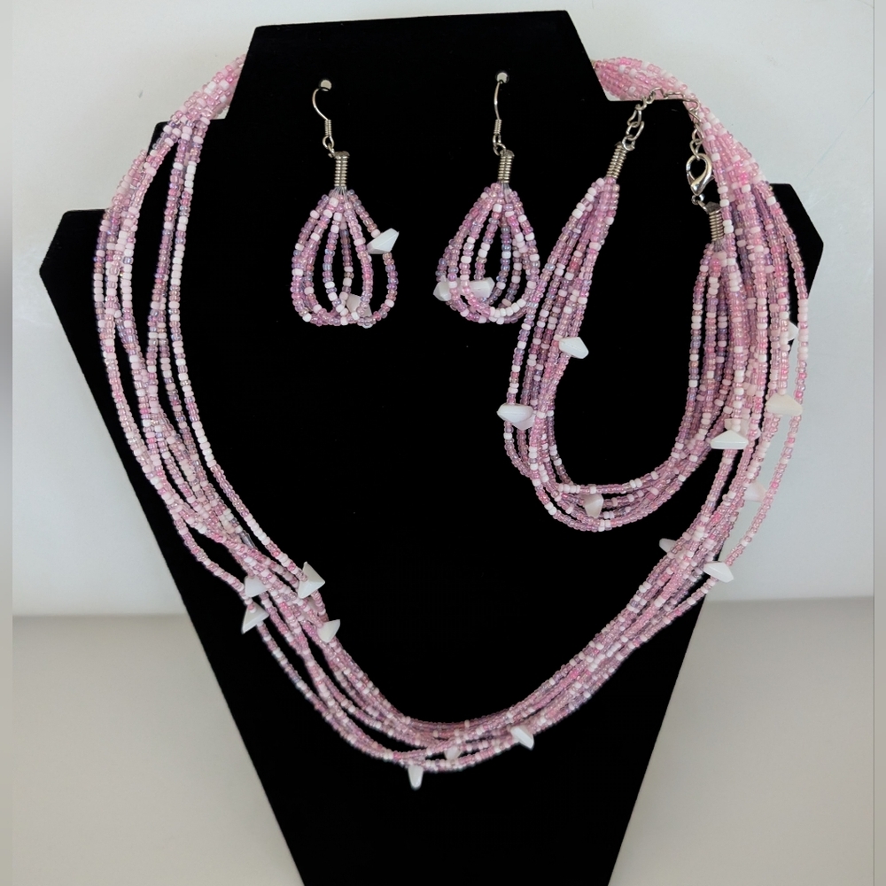 Unique Pink & White Beaded & Stone Necklace, Bracelet & Earring Set